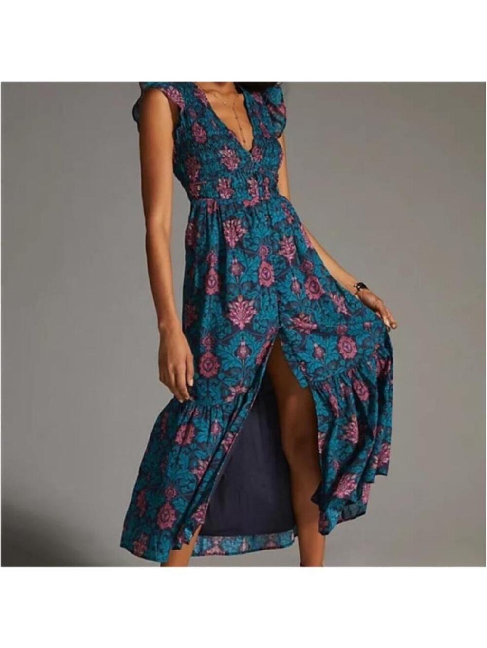 anthropologie 100% cotton peregrine smocked midi dress in blue. size XL